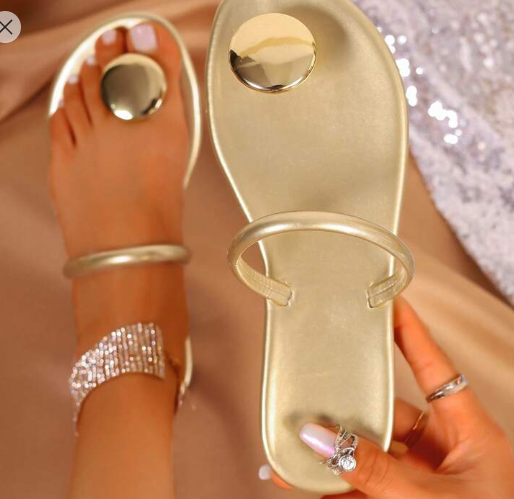 Shein Casual Solid Color Striped Flat Sandals With Toe Ring Design, Size: 39