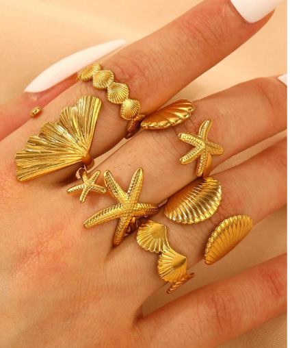 Shein 6pcs/Set Fashion Stainless Steel Ocean Series Starfish Coral Rings +