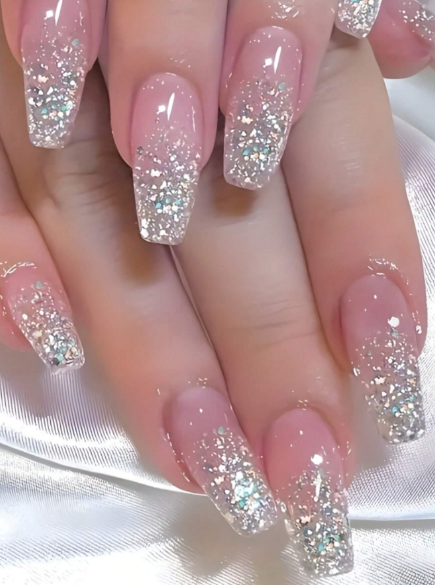Shein Y2k 24pcs Long Coffin Shape Pink & Silver Glitter Nails +