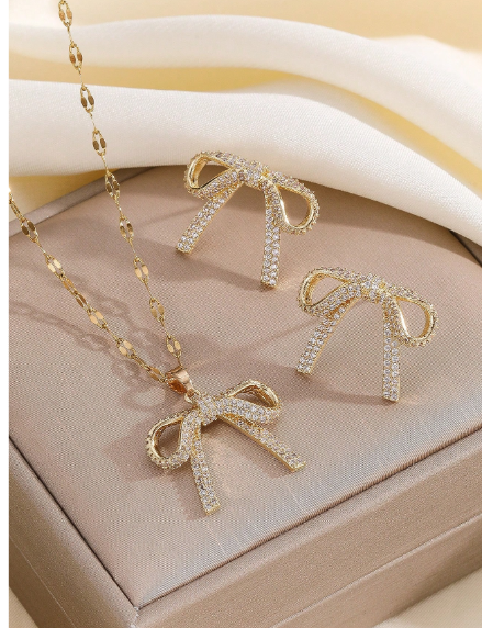 Shein 1 Set Stainless Steel Chain Bow Pendant Cubic Zirconia Necklace Set +