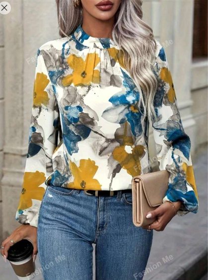 Shein Women's Floral Print Lantern Sleeve Elegant Blouse, XL +