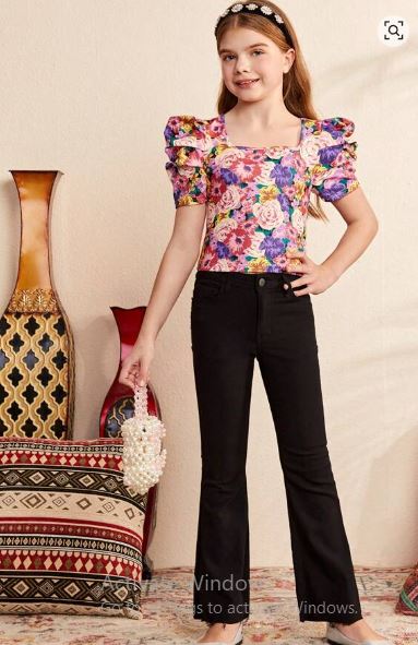 Shein Tween Girls' Slim Fit Cute Floral Print Bubble Sleeve Shirt With Square Neckline, 12T +