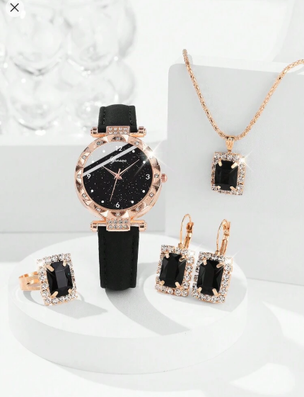 Shein 5Pcs Women's Black PU Leather Watch Strap With Fashionable Necklace Earrings, Ring Jewelry Set +