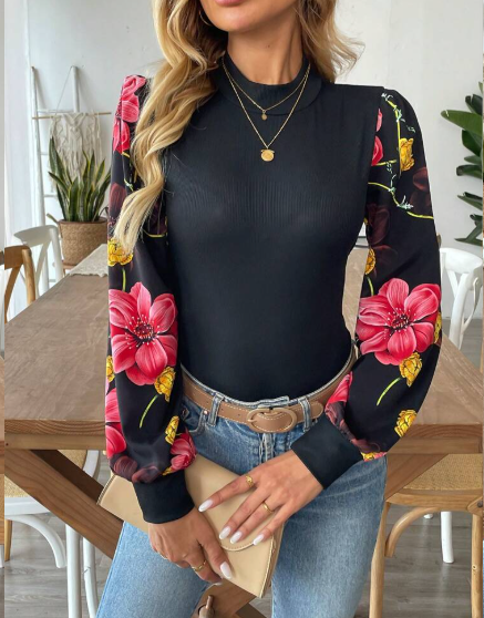 Shein Women's Floral Print Lantern Sleeve Elegant Blouse, XL +