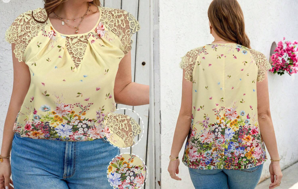 Shein Plus Size Summer Floral Print Lace Patchwork Blouse, XXL +