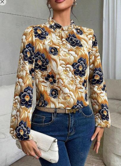 Shein Women's Floral Print Frill Mock Neck Blouson Sleeve Loose Blouse, XL  +