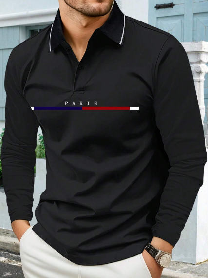 Shein Long Sleeve Men's Polo Shirt With Paris Letter & Colorful Striped Print, XXL +