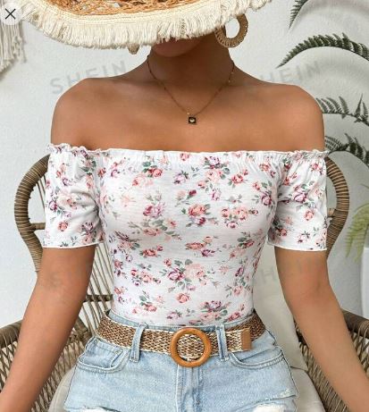 Shein Holiday Floral Printed Off Shoulder Short Sleeve Slim Fit T-Shirt /