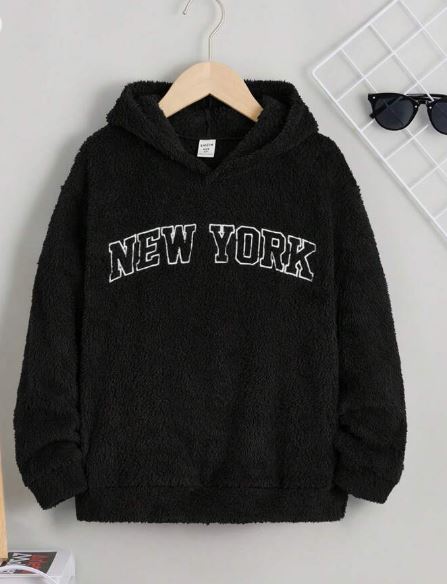Shein Tween Boy Letter Embroidery Drop Shoulder Teddy Hoodie, 10T+