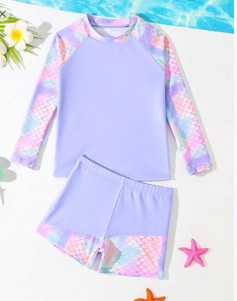 Shein Fish Scales Printed Raglan Sleeve Tankini Swimsuit, 6T +