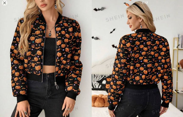 Shein Halloween Goth Theme Printed Zipper Long Sleeve Pumpkin Print Bomber Jacket, M /