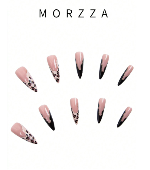 Shein 24pcs Black & Brown Leopard Print French Long Pointed Press-On Nails