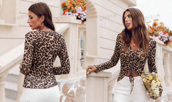 Shein Women's Front Tie Long Sleeve Leopard Print Casual Blouse, M /