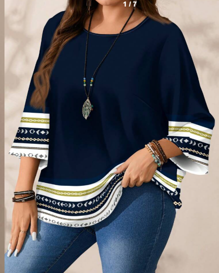 Shein Plus Size Women's Casual Pattern Retro Printed Loose Fit Round Neck 3/4 Sleeve Blouse, L +