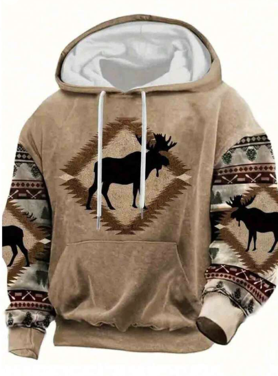 Shein Deer Pattern Design Men's Hooded Sweatshirt With Kangaroo Pocket, XL -.