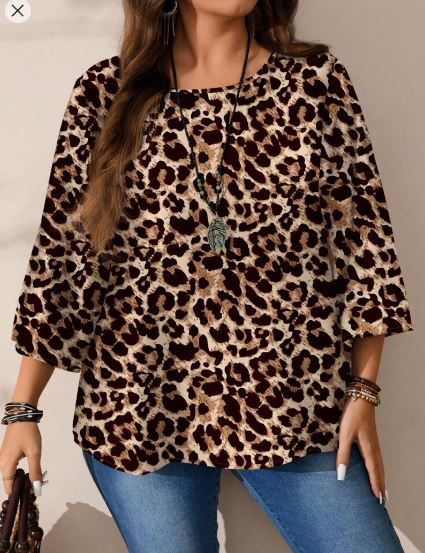 Shein Plus Size Casual Full Leopard Print Round Neck Loose 3/4 Sleeve Shirt +