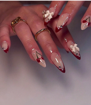 Shein 24Pcs Short Almond French Edge 3D Cherry & Bowknot Decorated False Nails Set +
