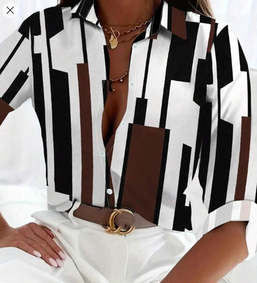 Shein Women's Striped Long Sleeve Single-Breasted Casual Commute Shirt, XL +