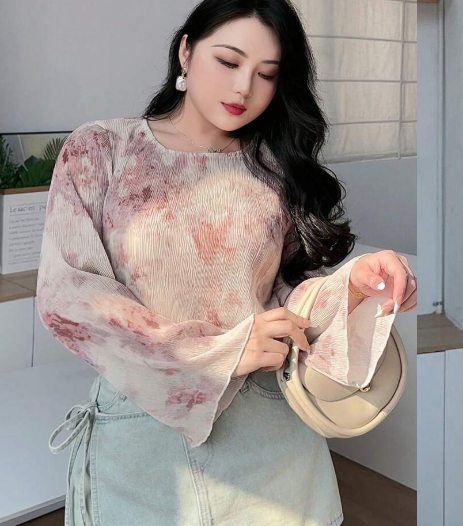 Shein Plus Round Neck Floral Print Chiffon Bell Sleeve Elegant Long Sleeve Blouse, 0XL +