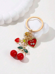 Shein Designed Faux Pearl Cute Creative Red Cherry Faux Pearl Keychain -.