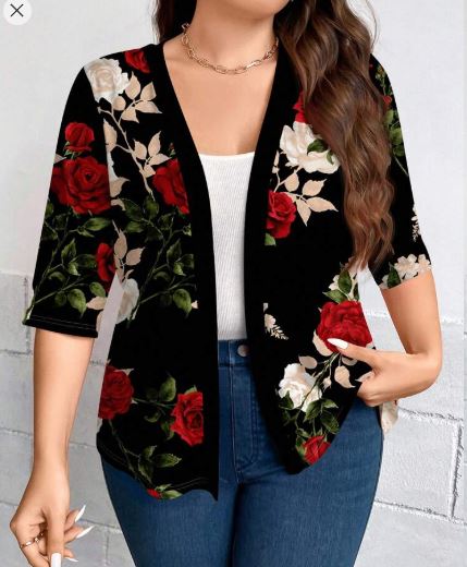Shein Plus Size Rose Flower Print 3/4 Sleeve Lightweight Thin Cardigan Jacket, 3XL +