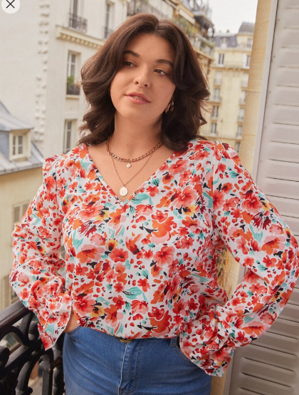 Shein Frenchy Plus Allover Floral Print Flounce Sleeve Blouse, XXL +