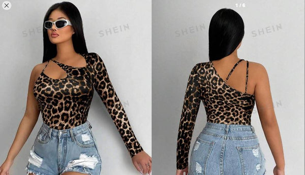 Shein Foxxy Asymmetric Leopard Print Women Long Sleeve Blouse +