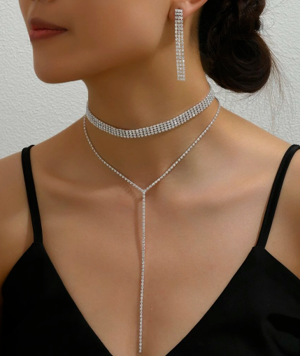Shein 1pc Double Layered Rhinestone Y-shape Necklace + 1pair Rhinestone Decor Fancy Evening Party Earrings +