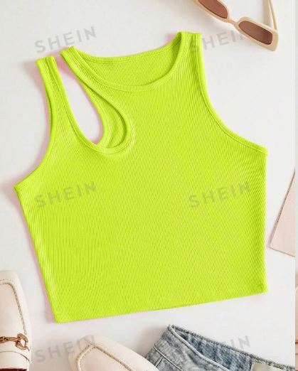 Shein Neon Green Cut Out Shoulder Ribbed Knit Tank Top, L /