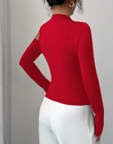 Shein Solid Color Fitted Sexy Metal Decor Hollow Out Off Shoulder Long Sleeve T-Shirt, XL>