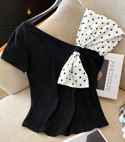 Shein Bowknot Asymmetrical Cold Shoulder Polka Dot Print T-Shirt, +
