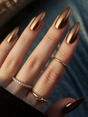 Shein Metal Chrome Alloy Press-On Nail Stickers, Almond Shaped Gold Nail Stickers>