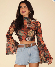 Shein Floral Print Mock Neck Trumpet Sleeve Sheer Crop Mesh Top >