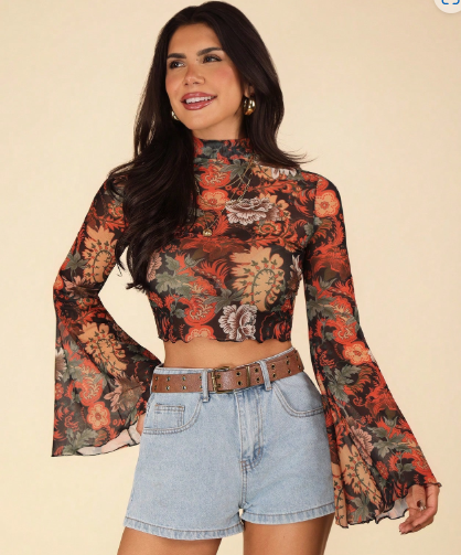Shein Floral Print Mock Neck Trumpet Sleeve Sheer Crop Mesh Top >