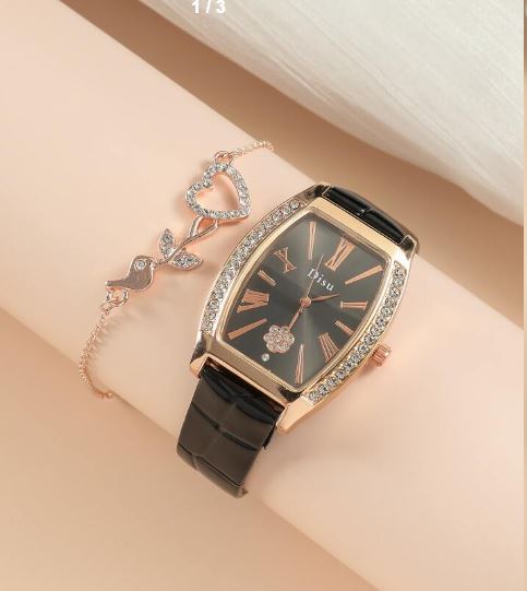 Shein 1pc Rhinestone Décor Pointer Quartz Watch & 1pc Bracelet*/