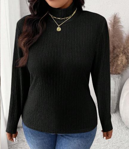 Shein Frenchy Plus Size Form-Fitting Black Turtleneck Ribbed Texture Long Sleeve T-Shirt, XXL +