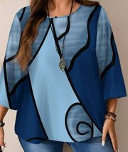 Shein Plus Size Casual Full Print Round Neck Loose 3/4 Sleeve Shirt>