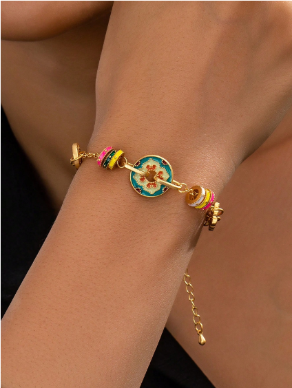 Shein 1pc Traditional Blue Flower Enamel Beaded Bracelet >
