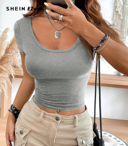 Shein Simplistic Gray Floral Print Round Neck Batwing Sleeve Black Tight Fit T-Shirt, S +