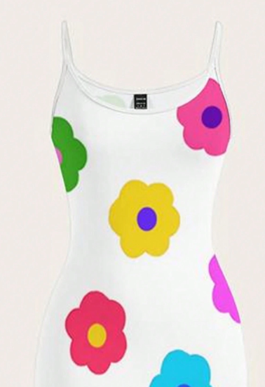 SHEIN Colorful Flower Printed White Simple Slim Strap Long Dress,  S-.