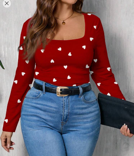 Shein All-Over Printed Heart Pattern Loose Fit Scoop Neck T-Shirt, 0XL +