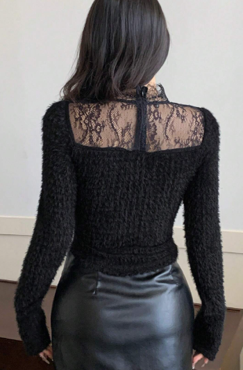 Shein Women's Fuzzy Lace Patchwork Long Sleeve T-Shirt, L -.