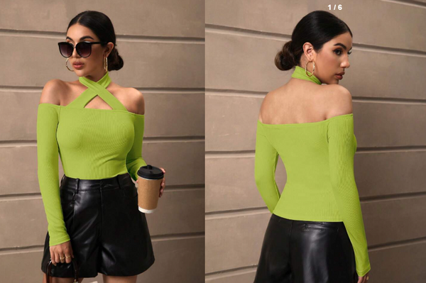 Shein Solid Criss Cross Halter Neck Tee, L +