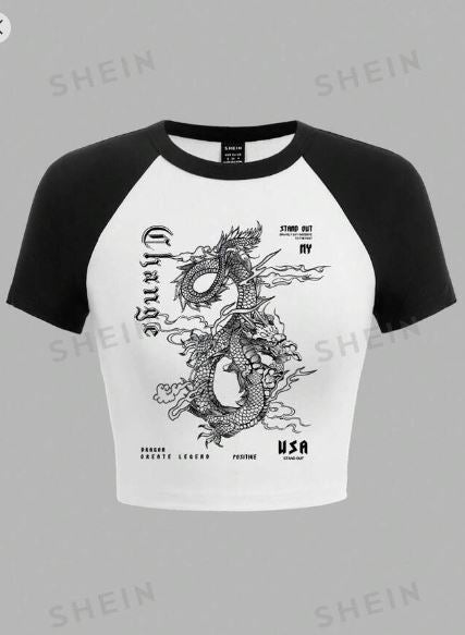 Shein Chinese Dragon Printed Colorblocked Slim Fit Women T-Shirt, S /