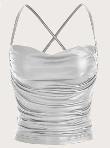 Shein Metallic Draped Collar Crisscross Backless Ruched PU Leather Cami Top +