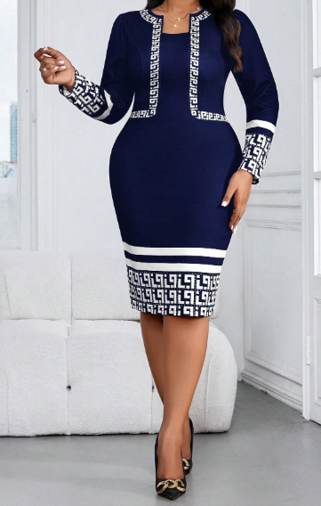 Shein Plus Size Geometric Print 2 In 1 Long Sleeve Fitted Office/Commute Navy Blue Dress, 3XL -.