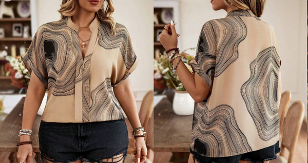Shein Plus Size Marble Printed Notch Neck Blouse +