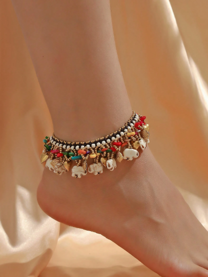Shein 1pc Bohemian Style Turquoise Wax Rope Woven Anklet With Elephant & Starfish Charms