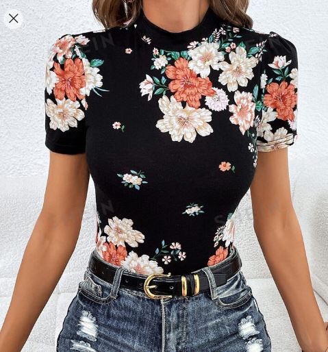 Shein Floral Print Mock Neck Tee /