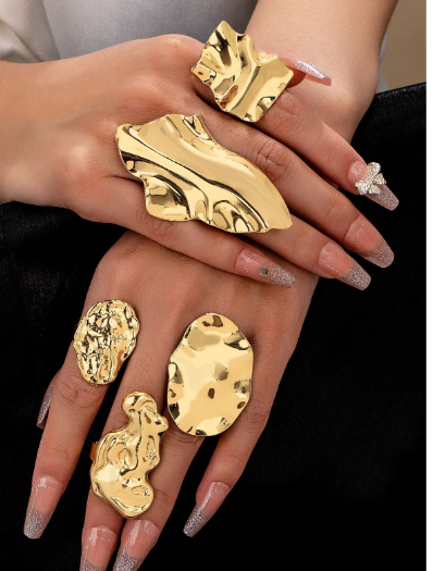 Shein 5 Pcs Golden Color Abstract Wrinkled Metal Statement Rings Set +